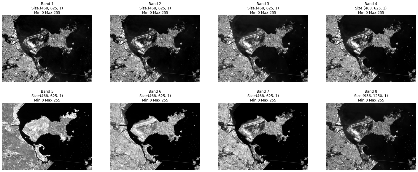 All 8 Landsat spectral bands of Rio de Janeiro displayed in grayscale