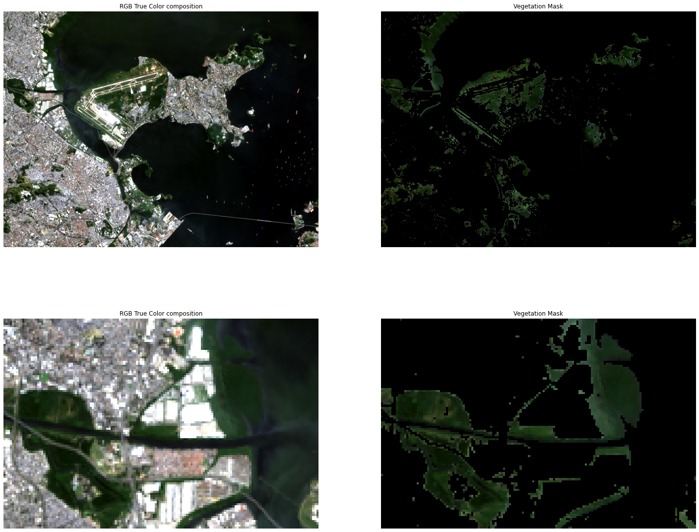 Original RGB image compared with NDVI vegetation mask, with zoomed insets showing masked areas