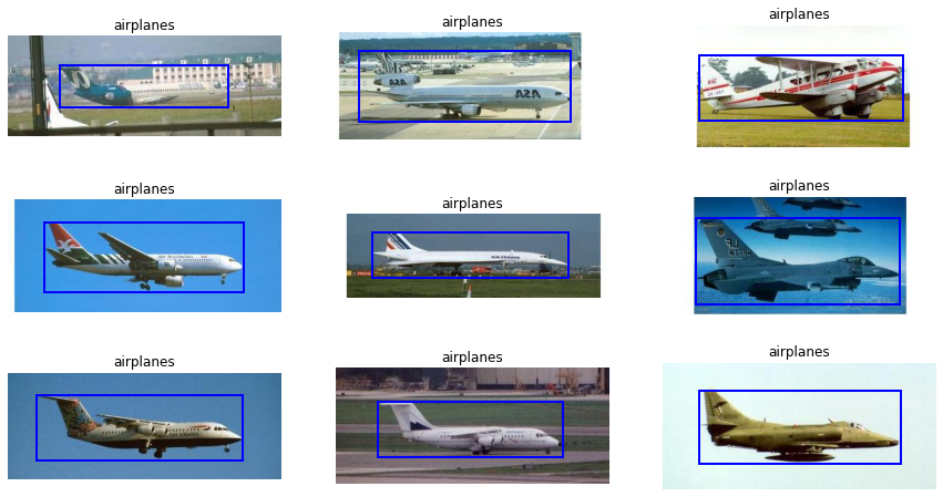 Training samples of airplanes with ground truth bounding boxes