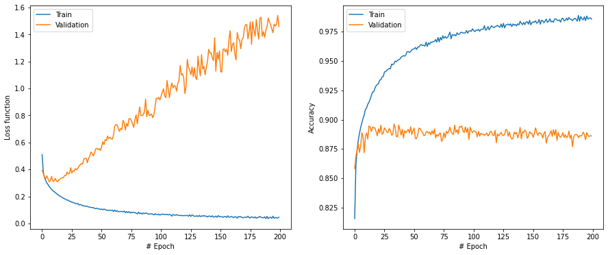 Loss and accuracy curves over 200 epochs showing severe overfitting: training loss near zero while validation loss climbs above 1.4